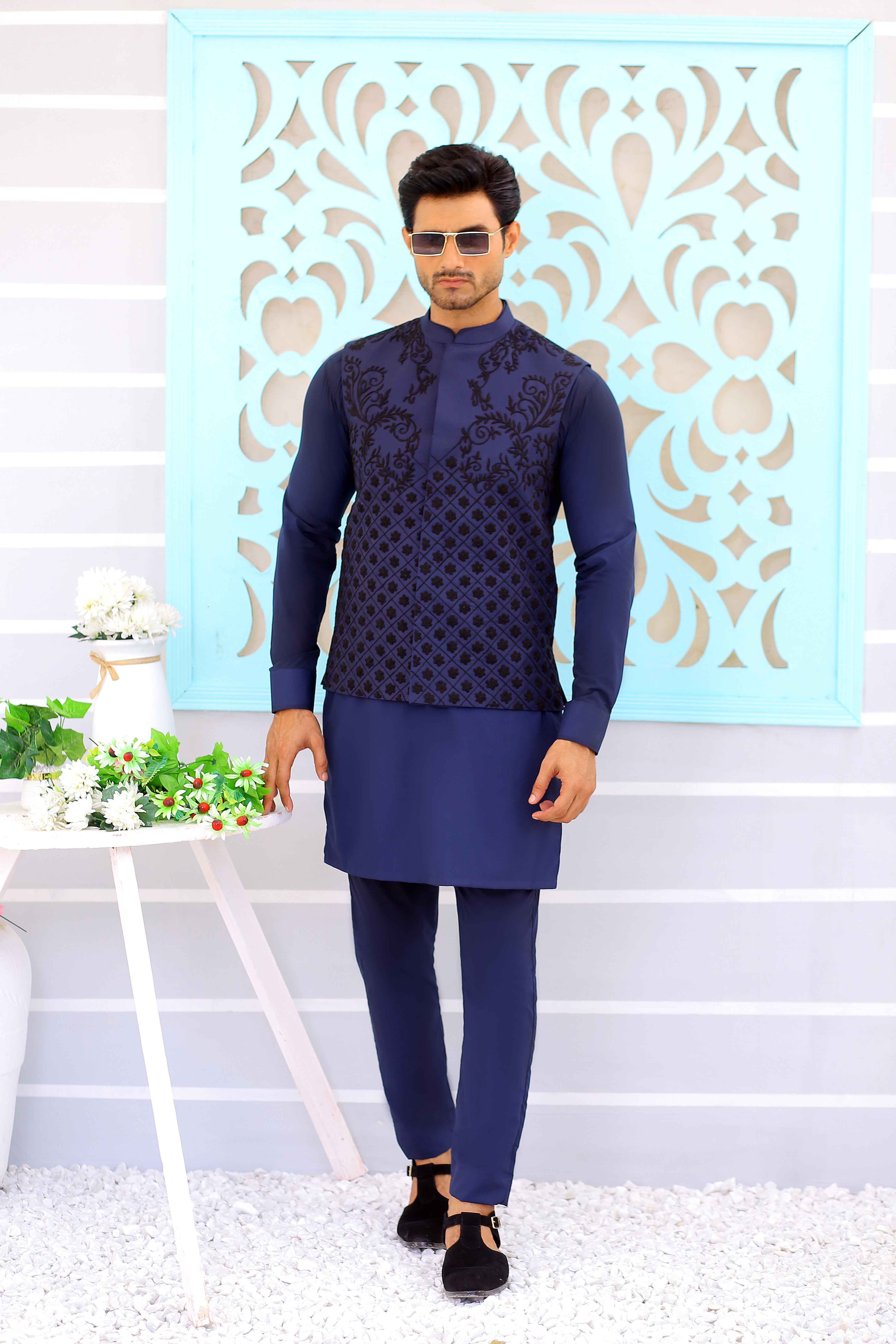 Navy Blue Embroidered Poly-Viscose Waistcoat Kurta (3-Piece) - Image 1
