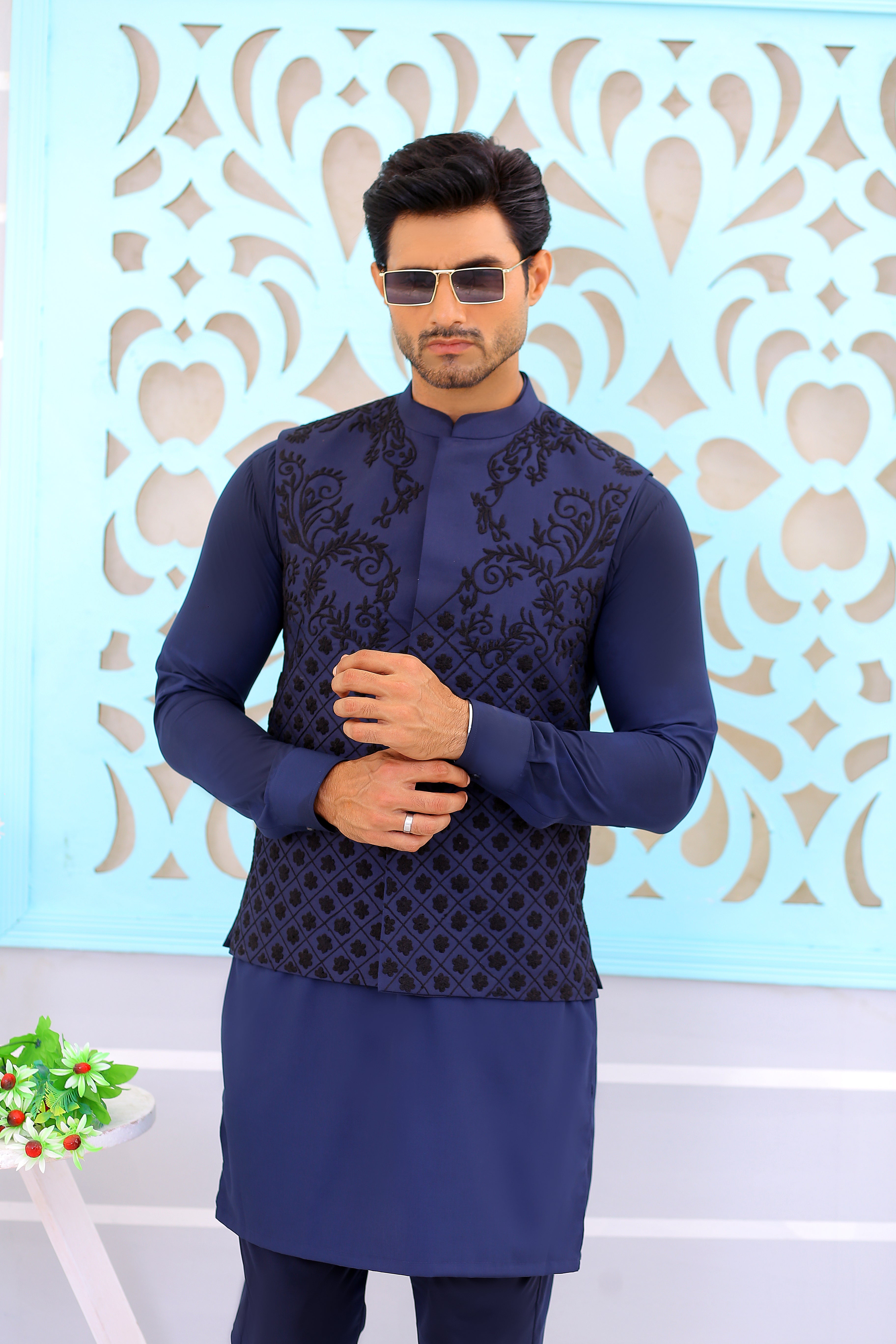 Navy Blue Embroidered Poly-Viscose Waistcoat Kurta (3-Piece) - Image 2