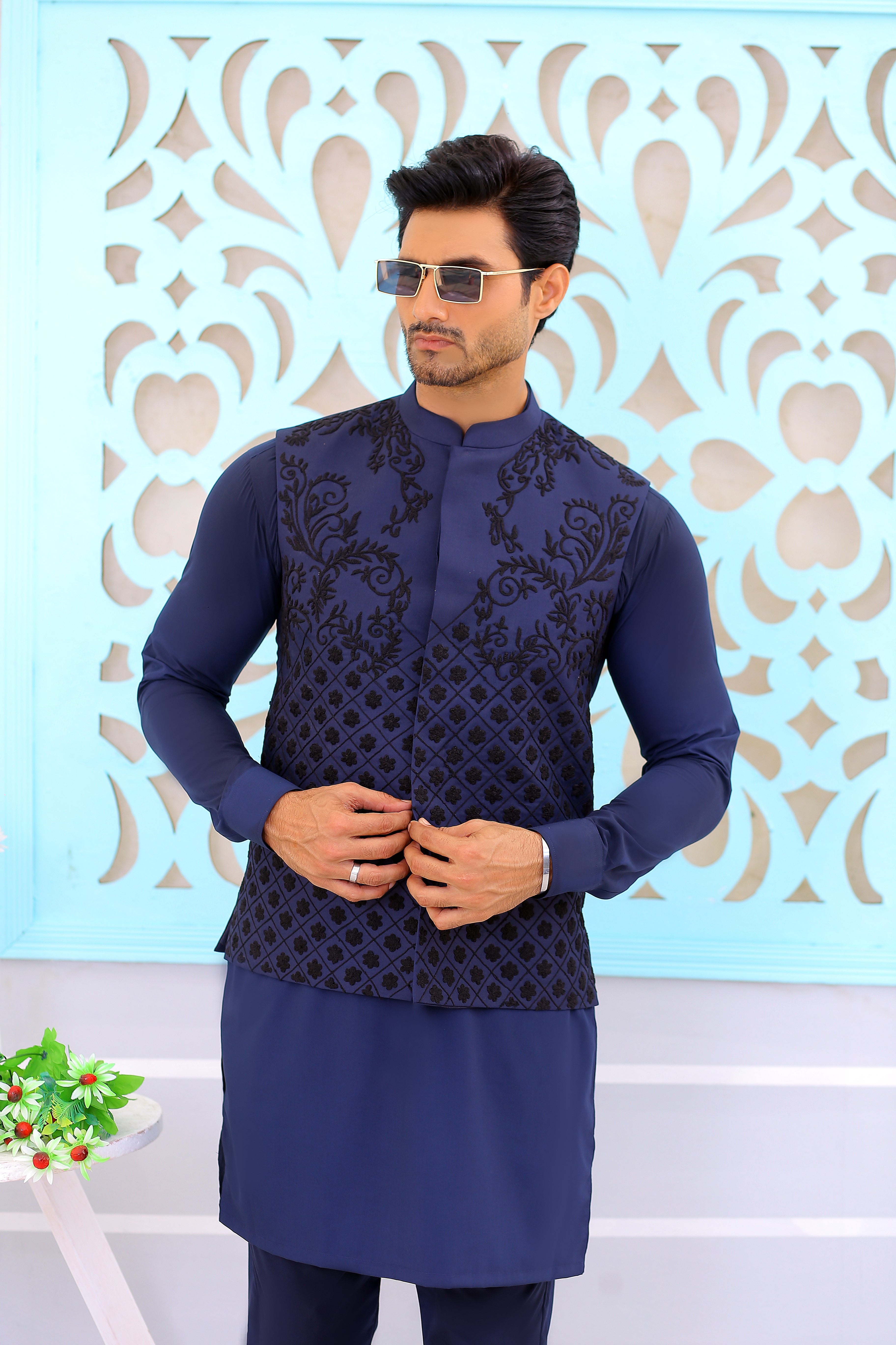 Navy Blue Embroidered Poly-Viscose Waistcoat Kurta (3-Piece) - Image 3