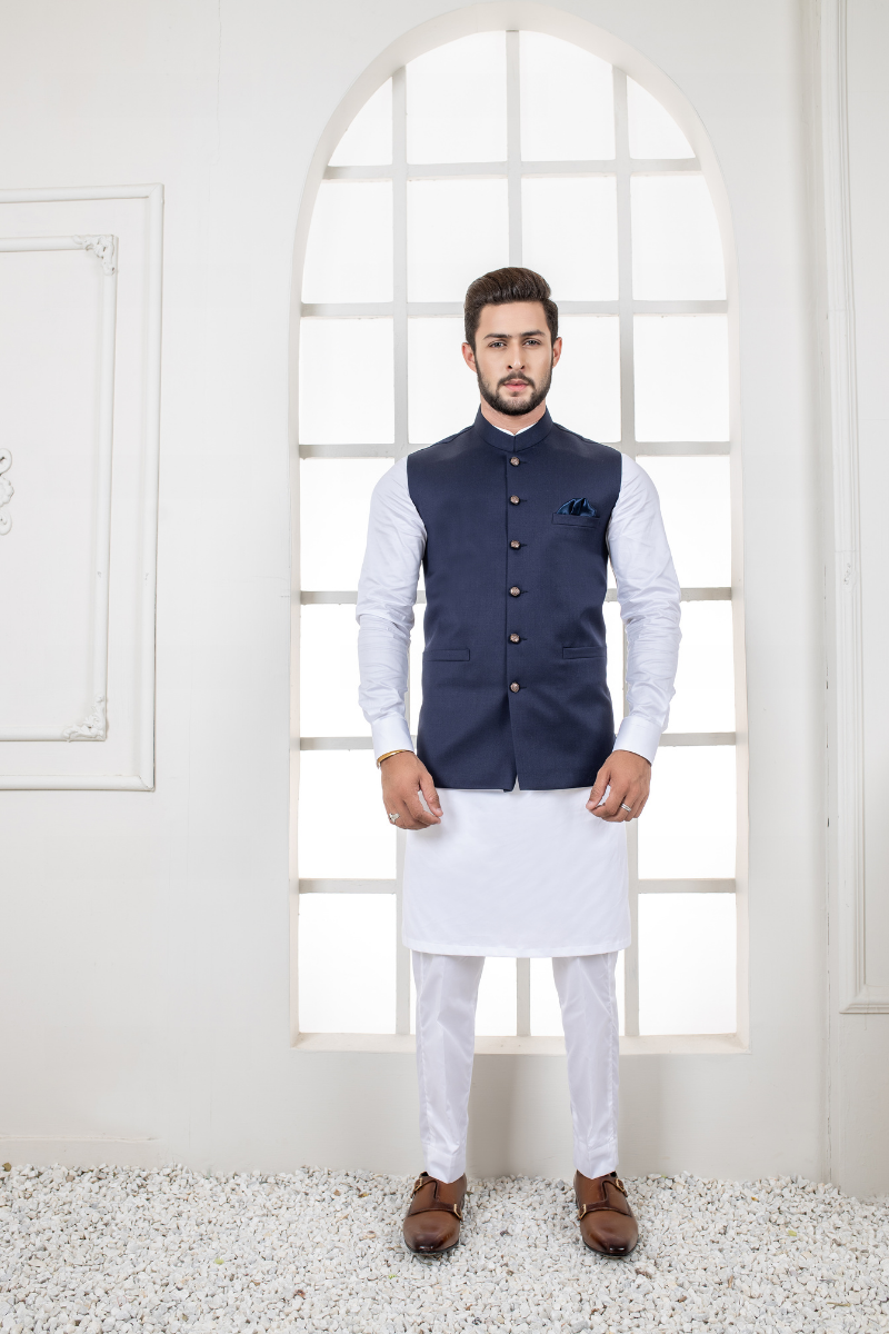 Navy Blue Plain Poly-Viscose Waistcoat Kurta (3-Piece) - Image 1