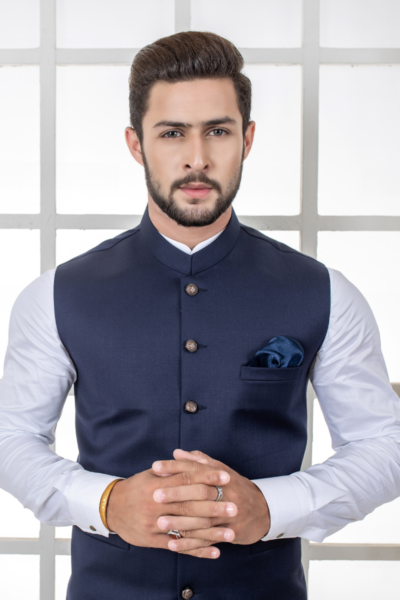 Navy Blue Plain Poly-Viscose Waistcoat Kurta (3-Piece) - Image 2