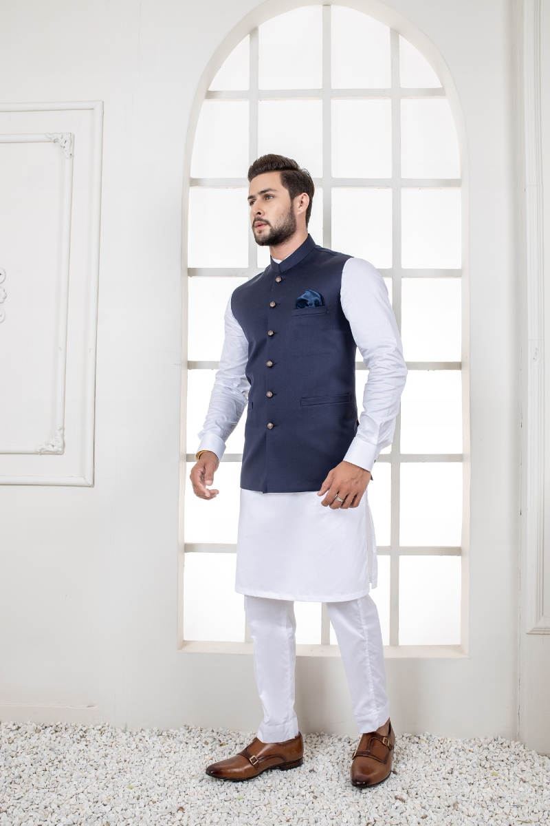 Navy Blue Plain Poly-Viscose Waistcoat Kurta (3-Piece) - Image 3