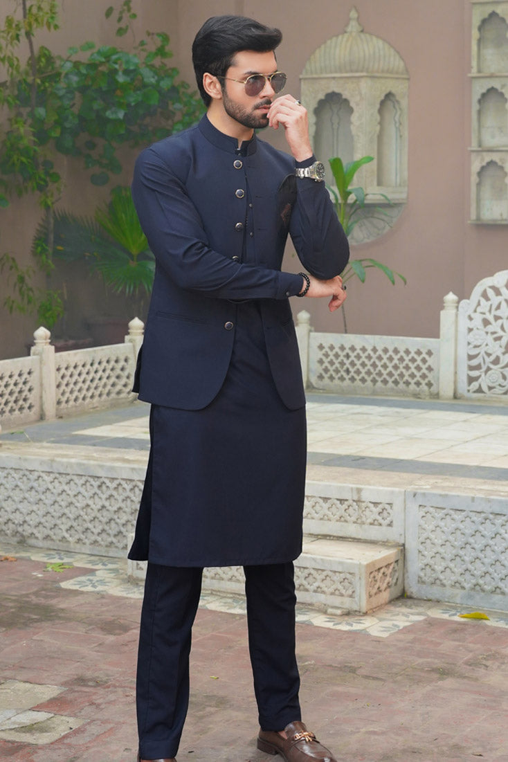 Navy Blue Embroidered Poly Viscose Waistcoat Kurta (3-Piece) - Image 1
