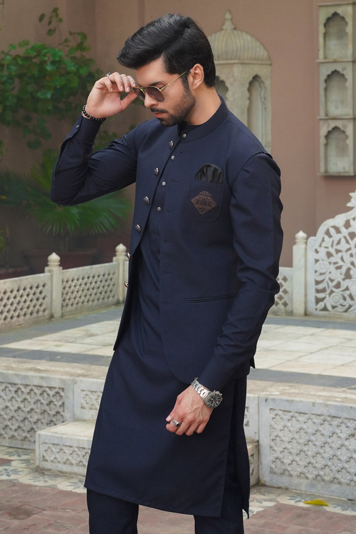 Navy Blue Embroidered Poly Viscose Waistcoat Kurta (3-Piece) - Image 2