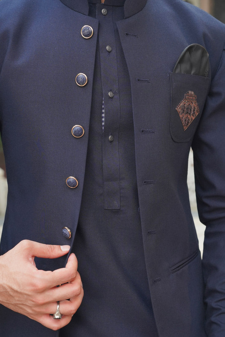 Navy Blue Embroidered Poly Viscose Waistcoat Kurta (3-Piece) - Image 3