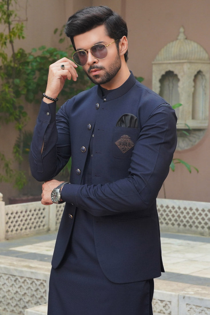 Navy Blue Embroidered Poly Viscose Waistcoat Kurta (3-Piece) - Image 4