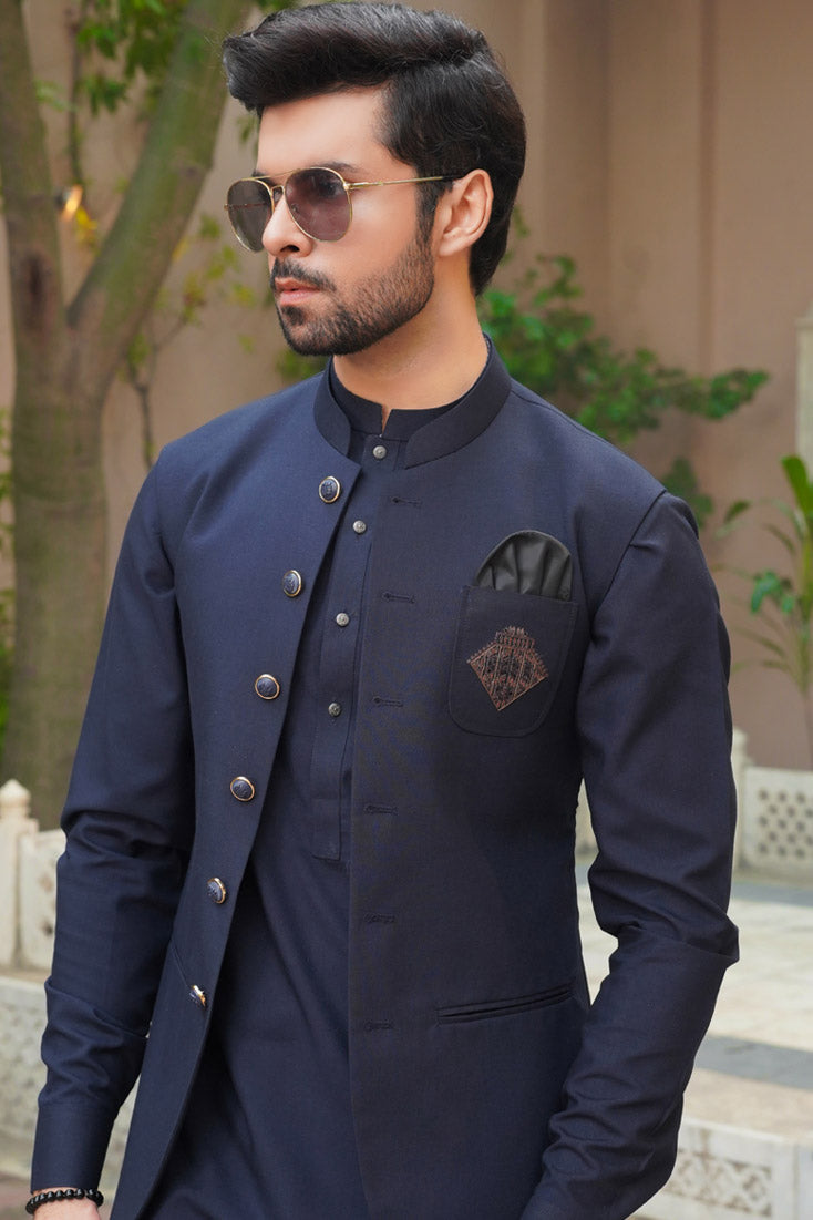 Navy Blue Embroidered Poly Viscose Waistcoat Kurta (3-Piece) - Image 5