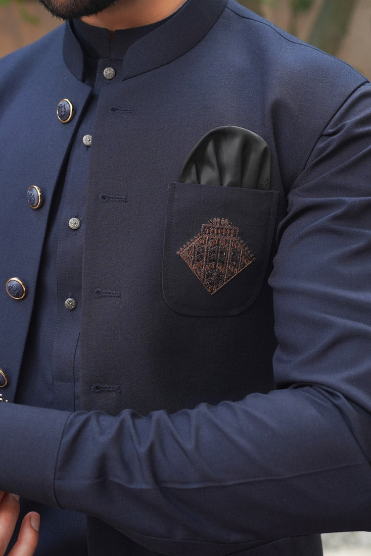 Navy Blue Embroidered Poly Viscose Waistcoat Kurta (3-Piece) - Image 6