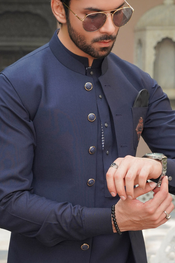 Navy Blue Embroidered Poly Viscose Waistcoat Kurta (3-Piece) - Image 7