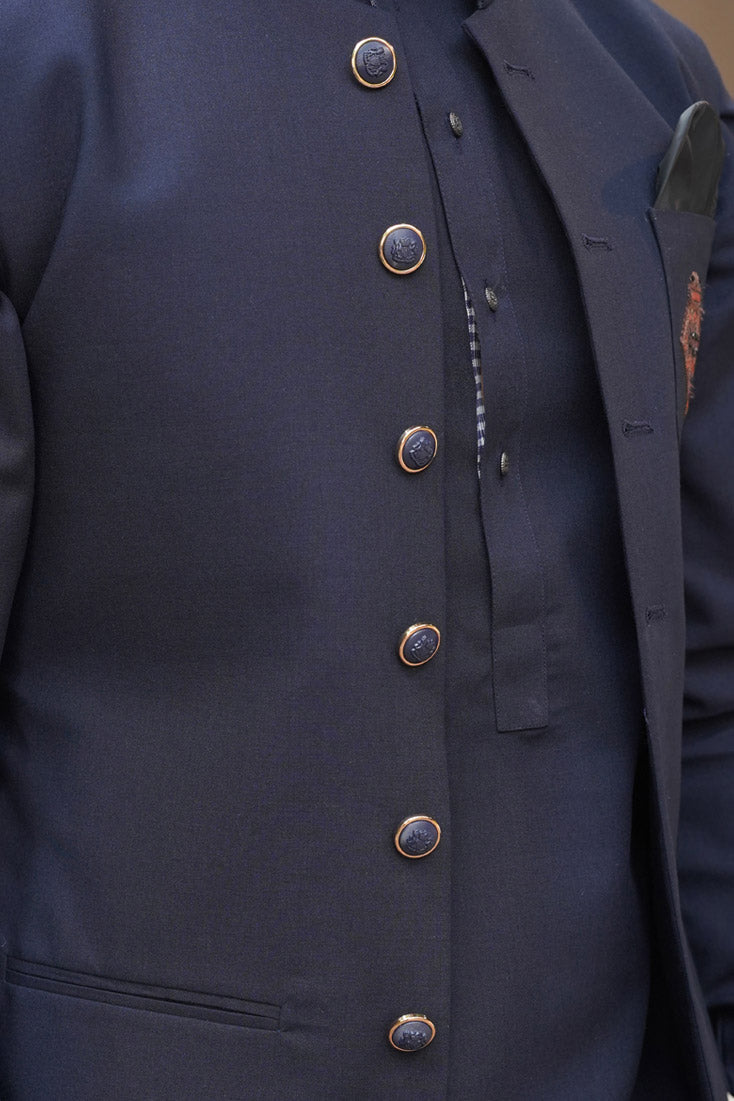 Navy Blue Embroidered Poly Viscose Waistcoat Kurta (3-Piece) - Image 8