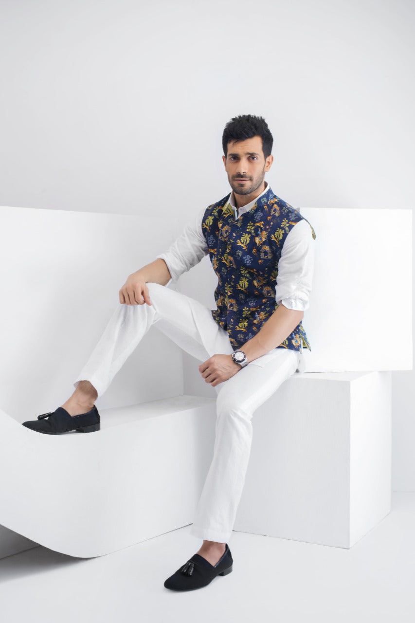 Navy Digital-Print Raw Silk Waistcoat Kurta Set (3-Piece) - Image 1
