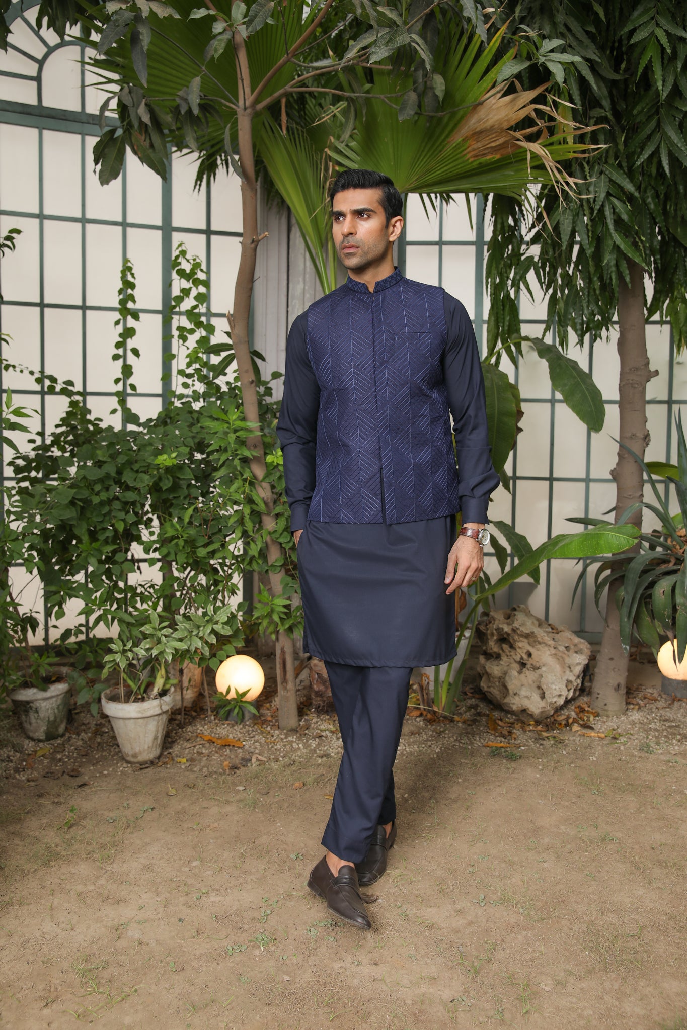 Navy Blue Embroidered Raw Silk Waistcoat Kurta (3-Piece) - Image 1