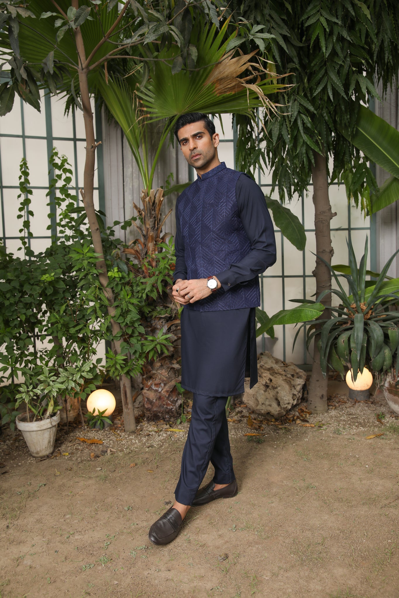 Navy Blue Embroidered Raw Silk Waistcoat Kurta (3-Piece) - Image 2
