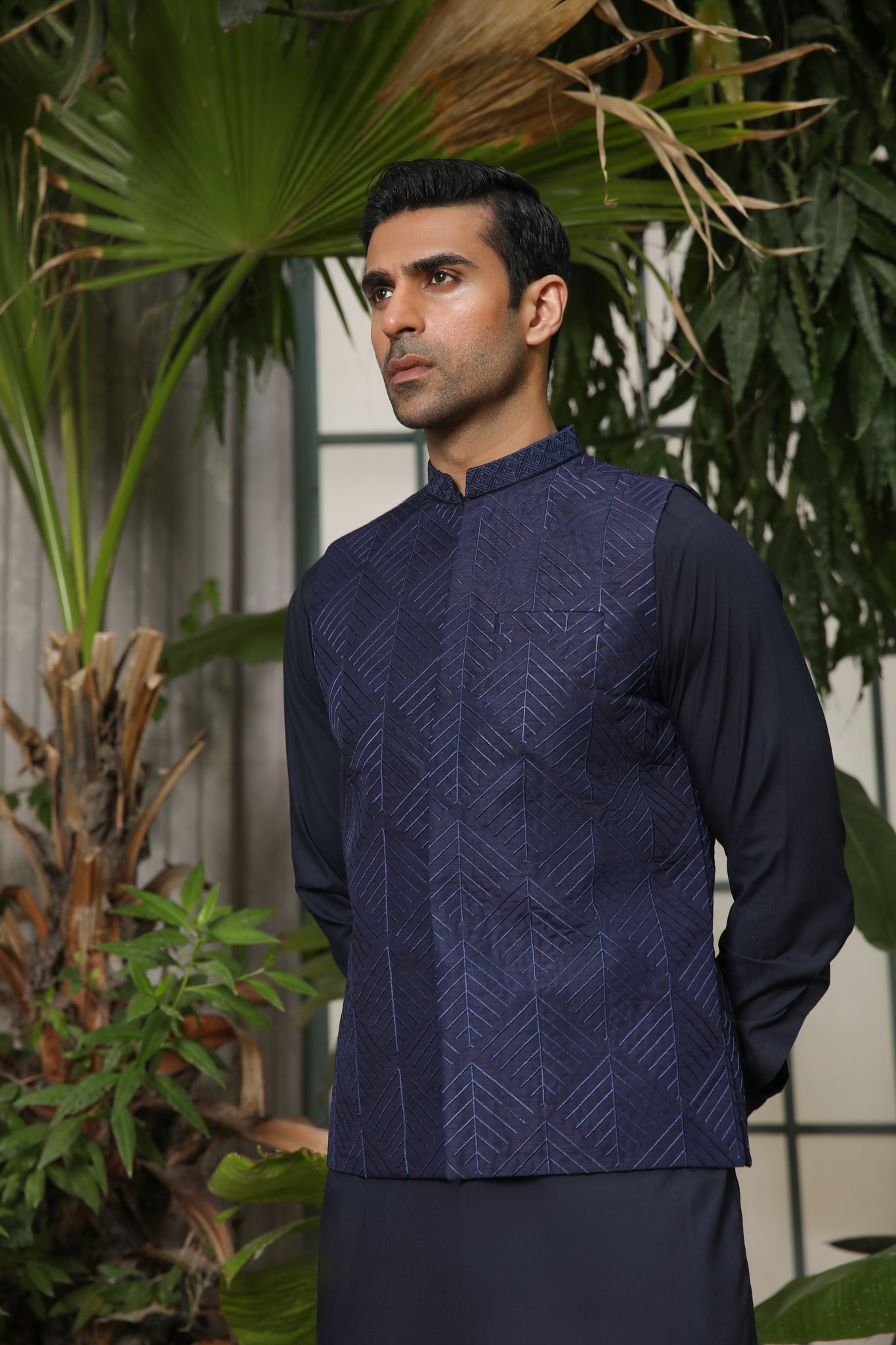Navy Blue Embroidered Raw Silk Waistcoat Kurta (3-Piece) - Image 3