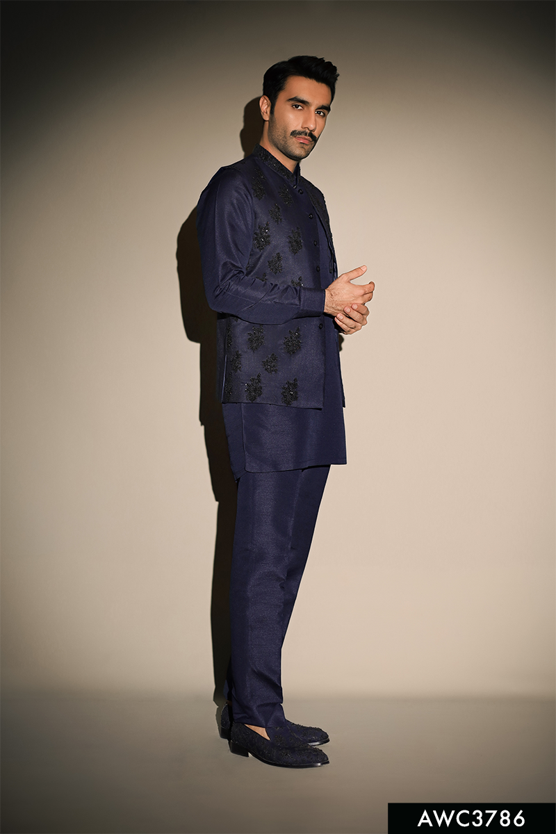 Navy Blue Embellished Silk-Blend Waistcoat Kurta (3-Piece) - Image 1