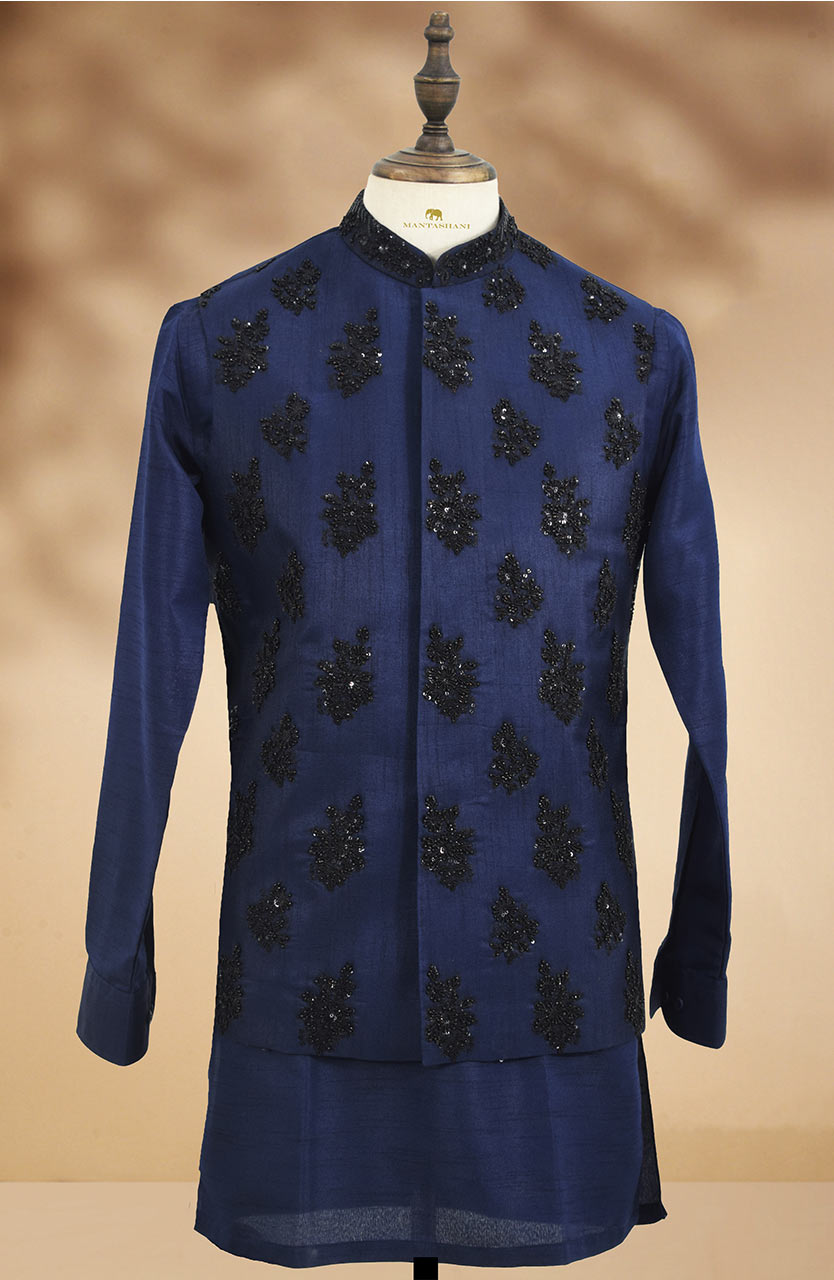 Navy Blue Embellished Silk-Blend Waistcoat Kurta (3-Piece) - Image 11