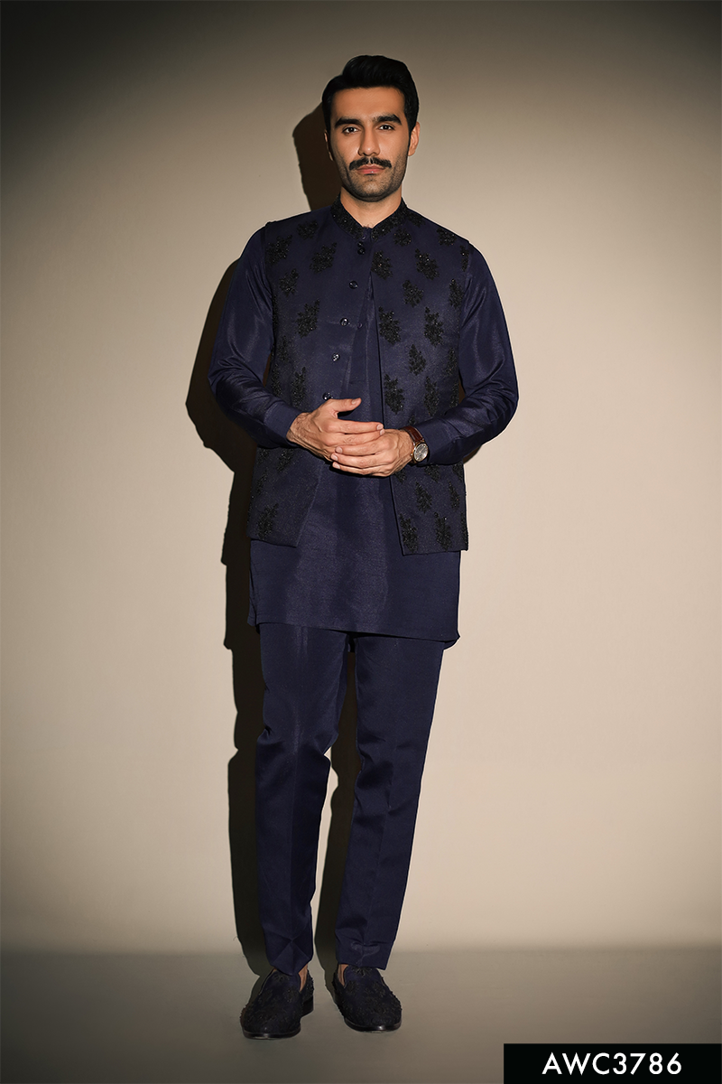 Navy Blue Embellished Silk-Blend Waistcoat Kurta (3-Piece) - Image 2