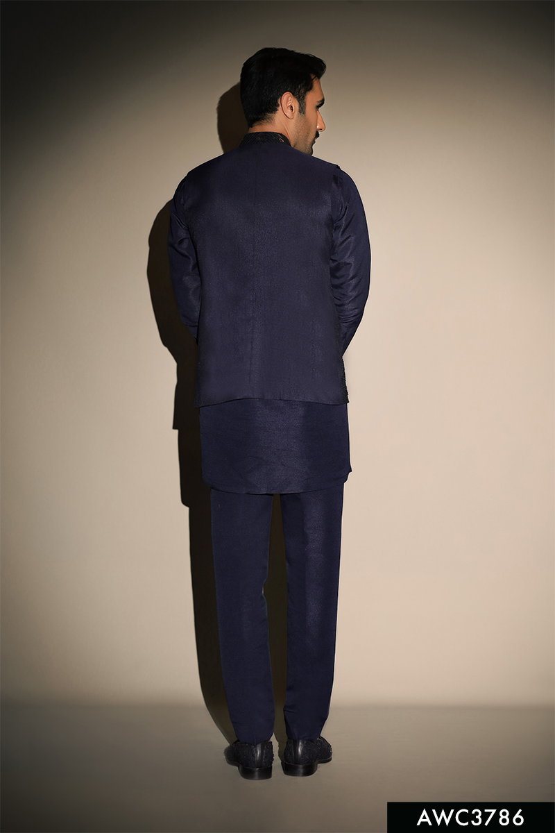 Navy Blue Embellished Silk-Blend Waistcoat Kurta (3-Piece) - Image 3
