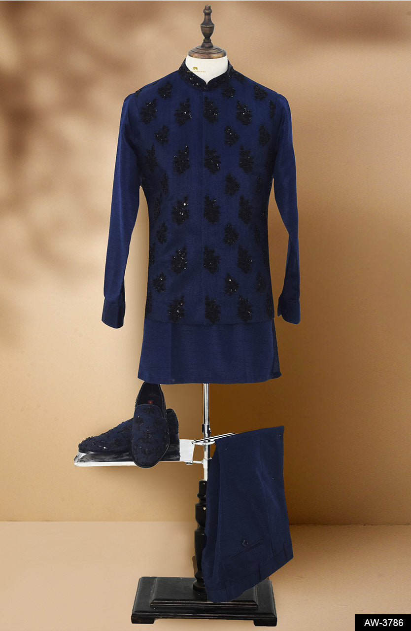 Navy Blue Embellished Silk-Blend Waistcoat Kurta (3-Piece) - Image 9