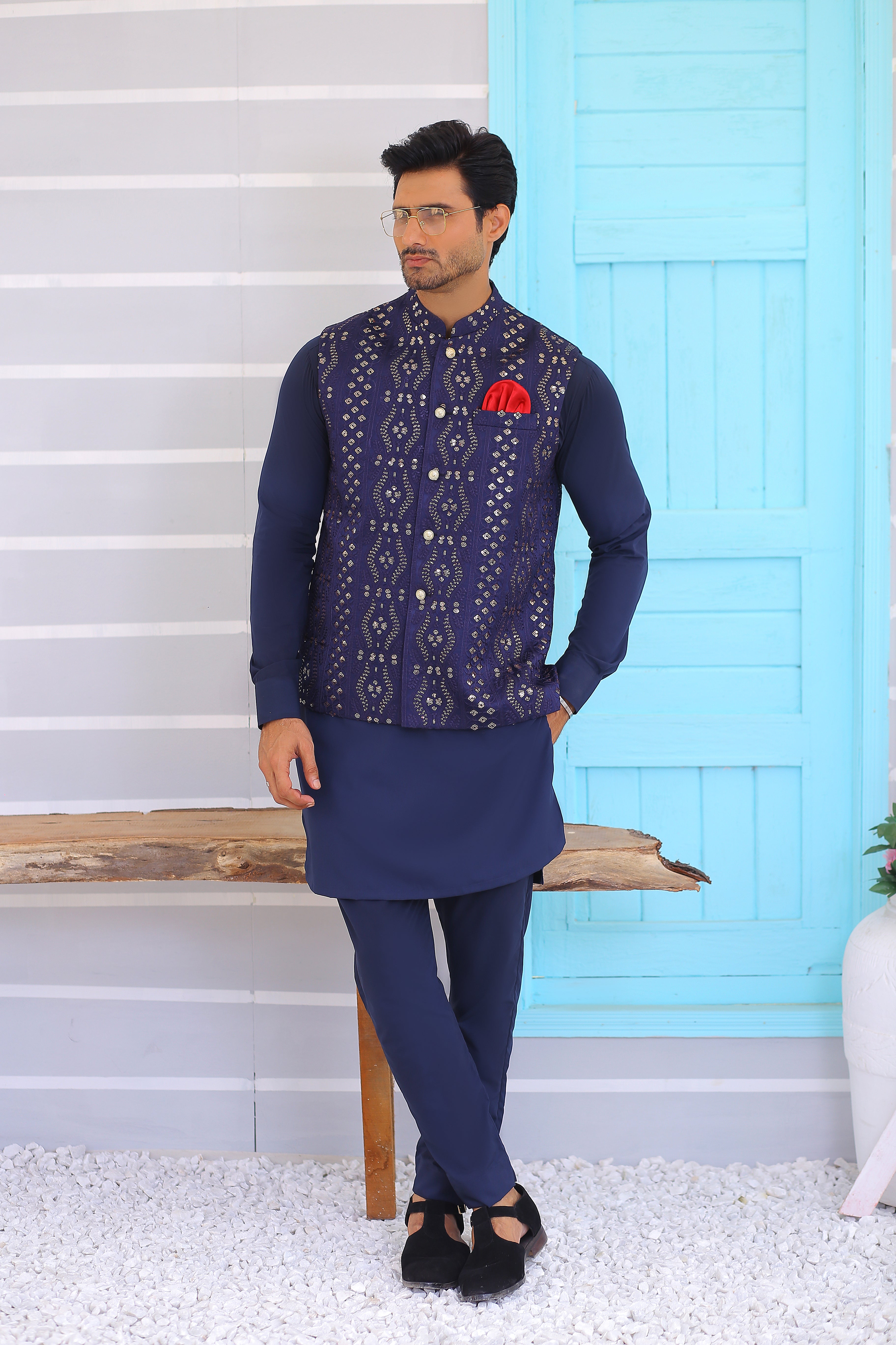 Navy Blue Embroidered Silk-Blend Waistcoat Kurta (3-Piece) - Image 1