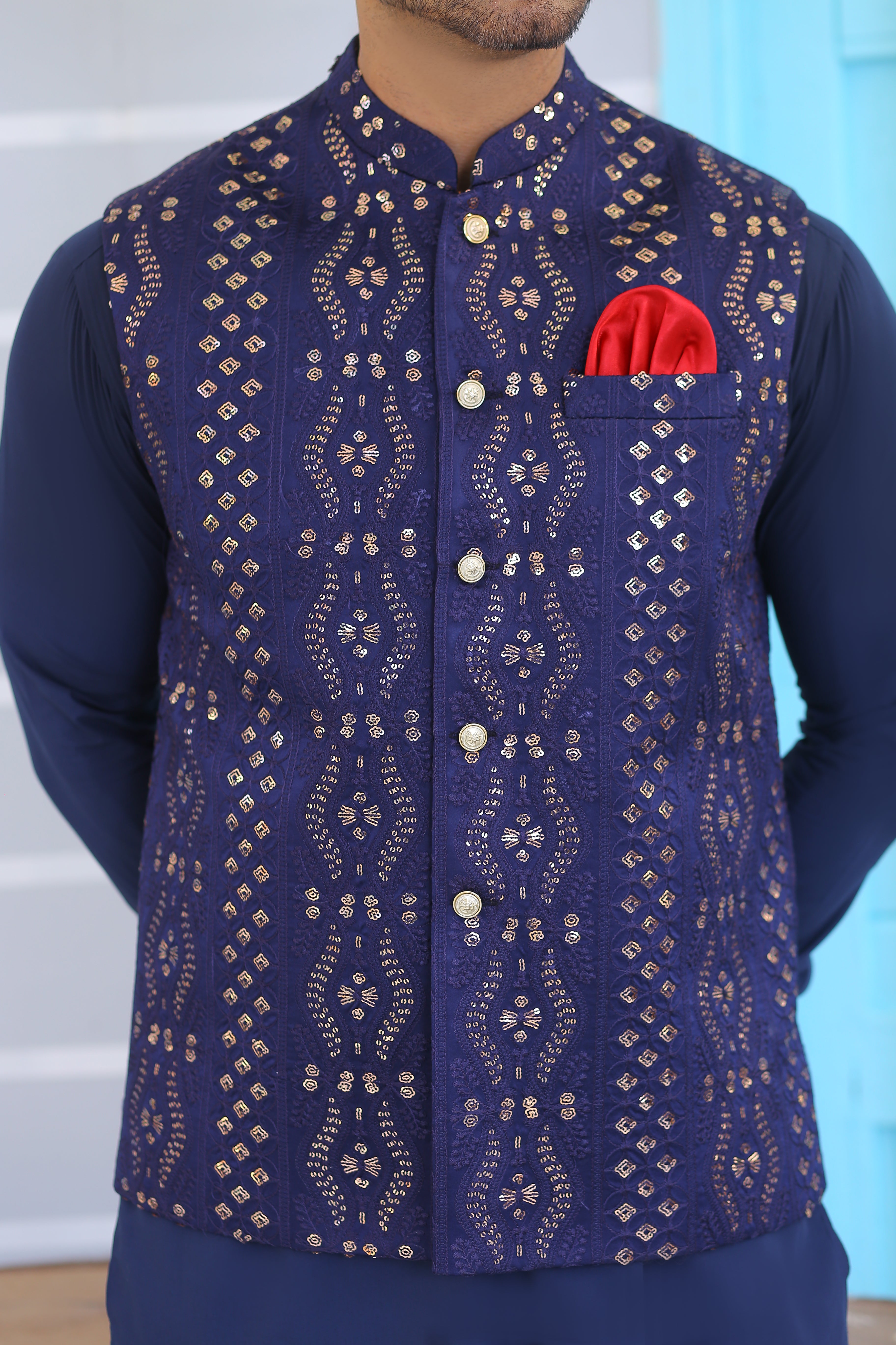 Navy Blue Embroidered Silk-Blend Waistcoat Kurta (3-Piece) - Image 5