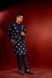 Navy Blue Embroidered Cotton-Silk Waistcoat Kurta (3-Piece) - Image 2