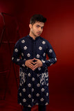 Navy Blue Embroidered Cotton-Silk Waistcoat Kurta (3-Piece) - Image 4