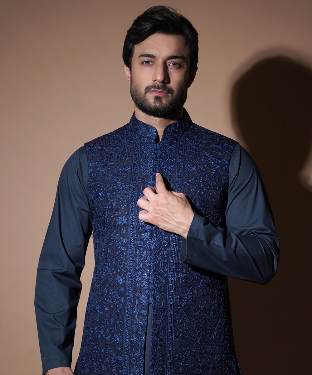Navy Blue Resham Embroidered Silk-Blend Waistcoat Kurta (3-Piece) - Image 1