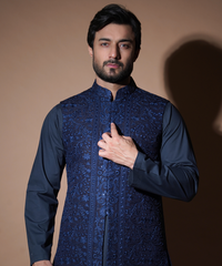 Navy Blue Resham Embroidered Silk-Blend Waistcoat Kurta (3-Piece) - Image 2