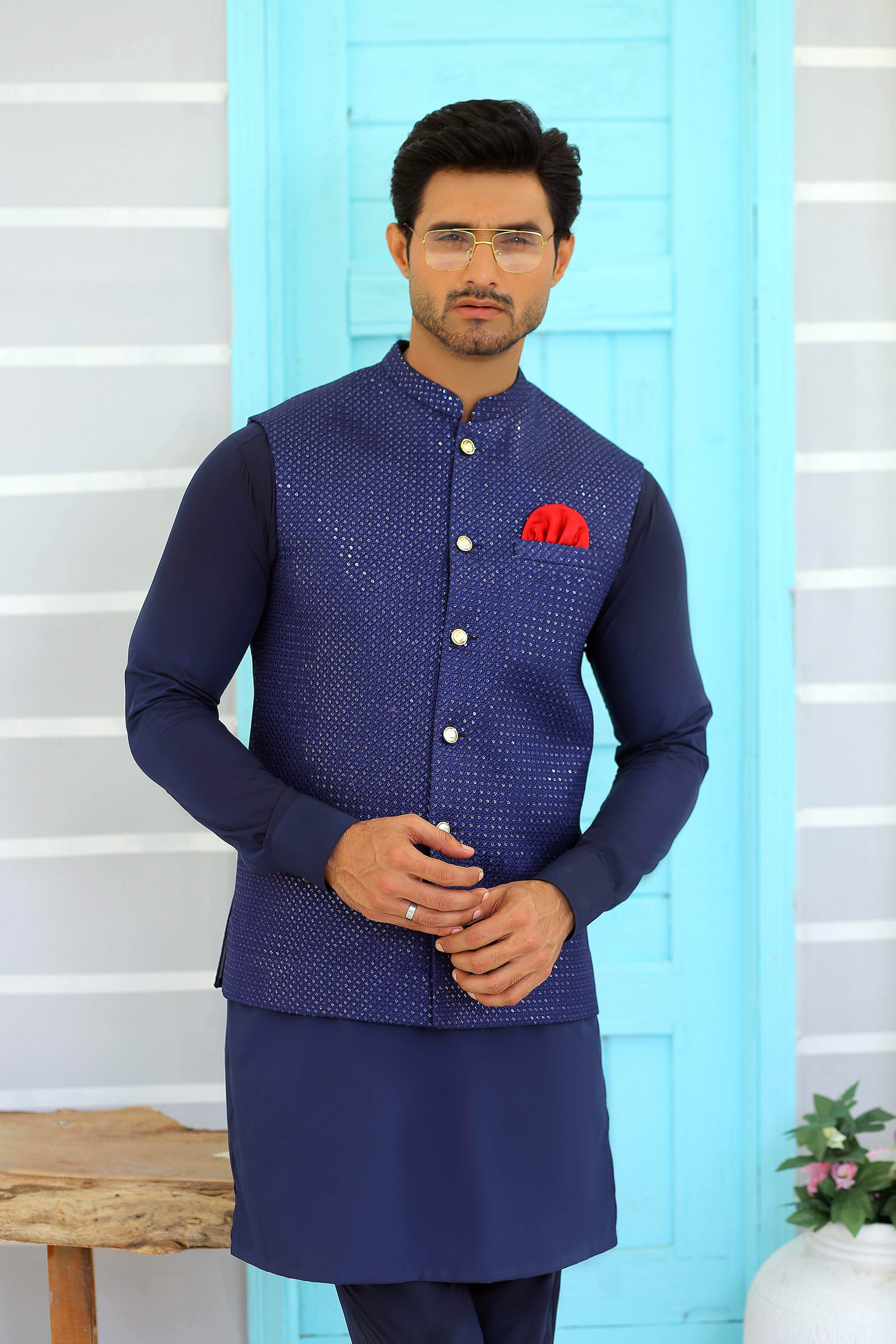 Navy Blue Textured Silk-Blend Waistcoat Kurta (3-Piece) - Image 1