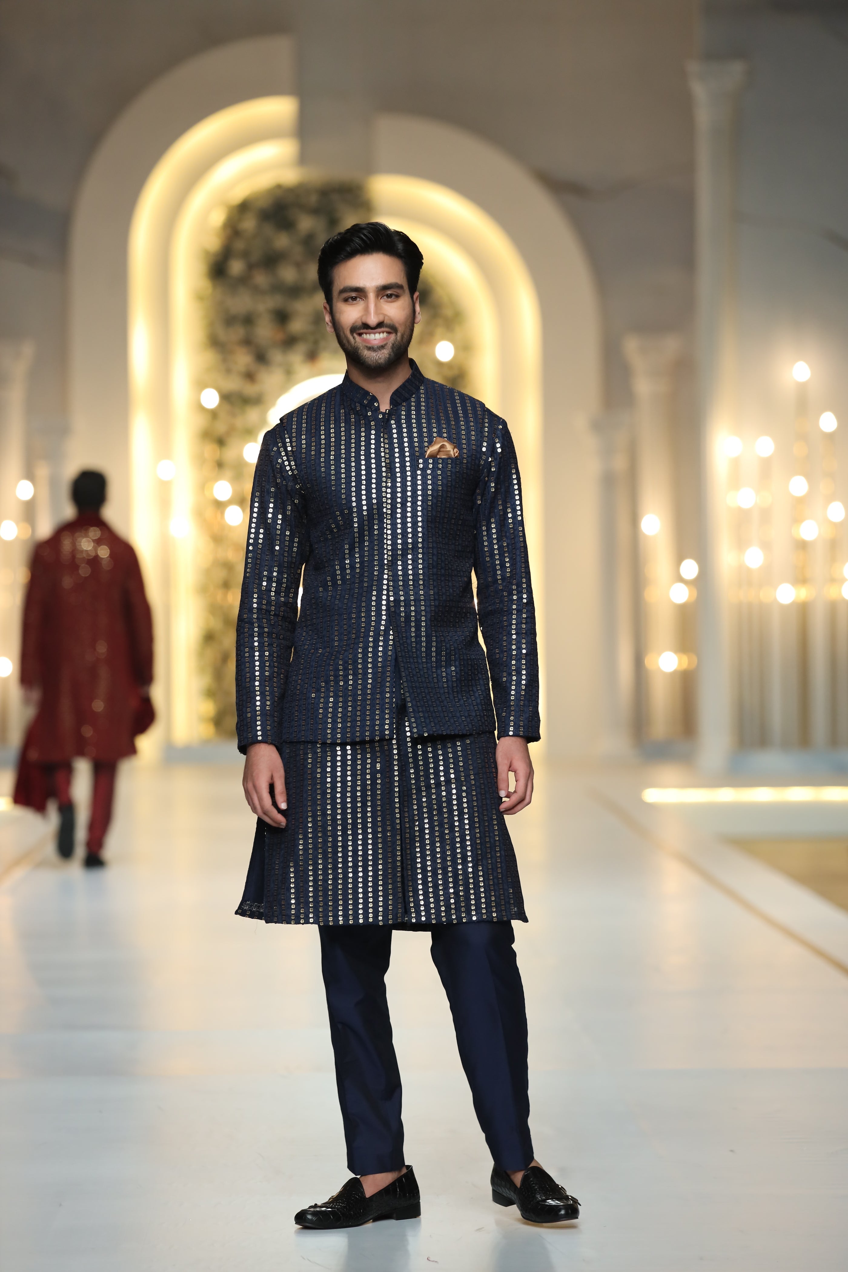 Navy Blue Sequin-Embroidered Silk-Blend Waistcoat Kurta (3-Piece) - Image 2