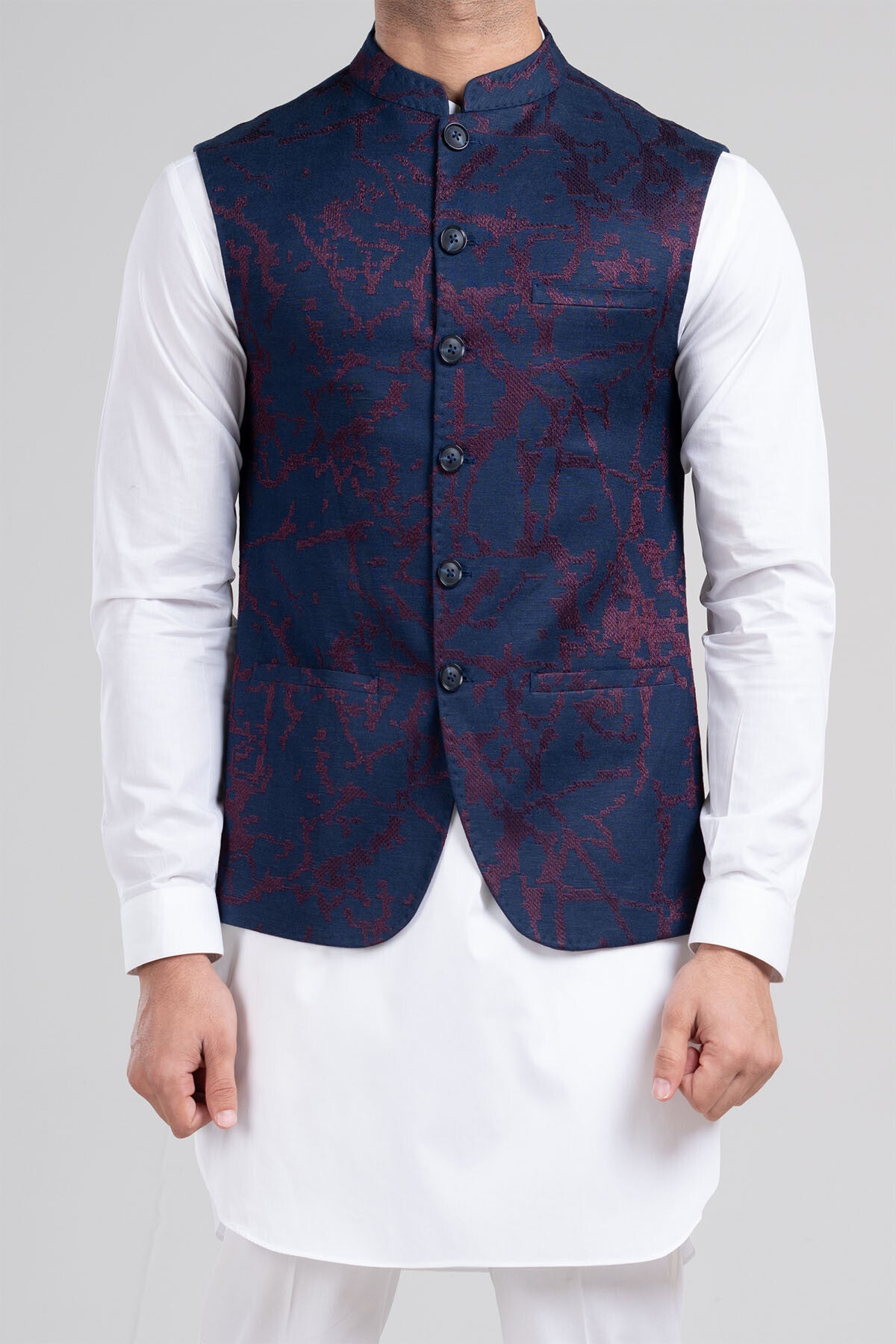 Navy Blue Embroidered Suiting Waistcoat Kurta (3-Piece) - Image 2