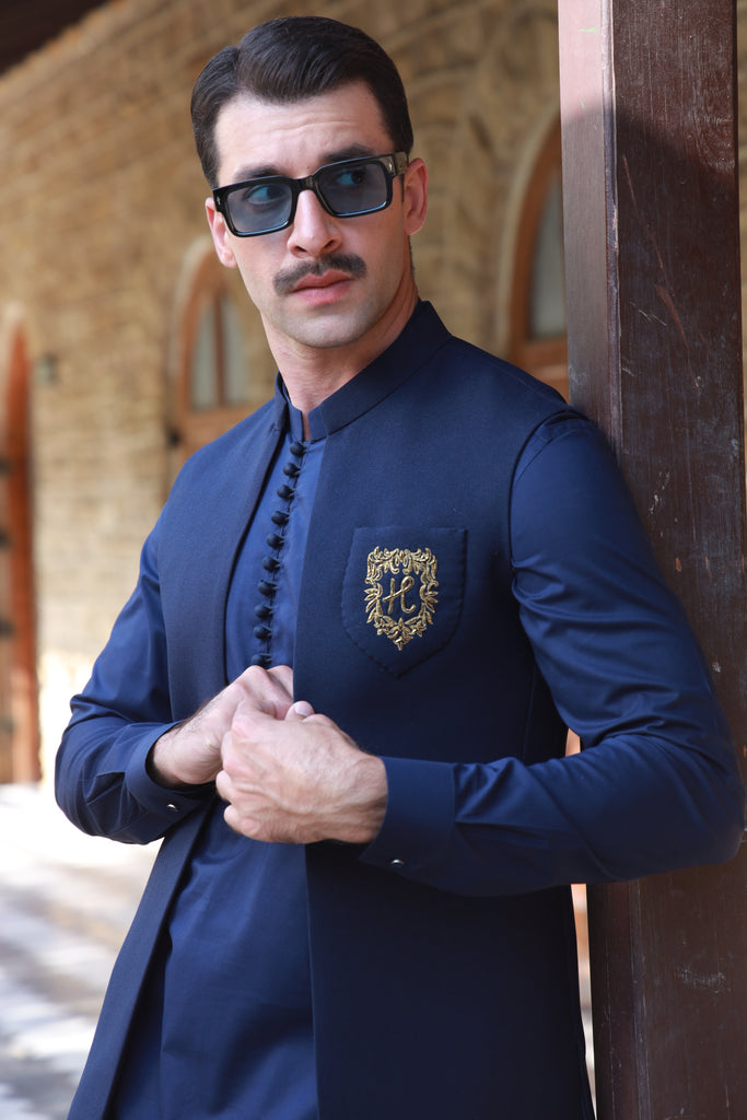 Navy Blue Embroidered Suiting Waistcoat Kurta (3-Piece) - Image 1