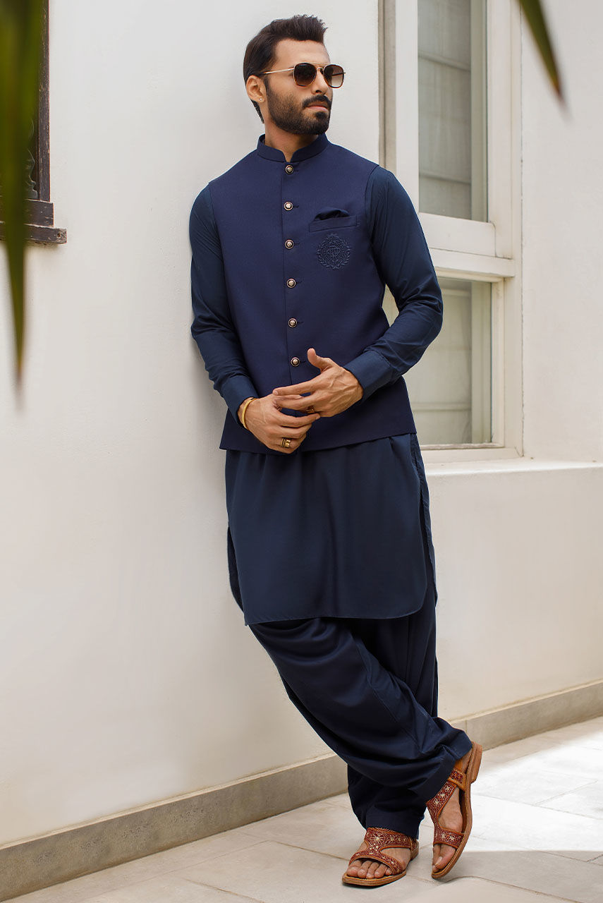 Navy Blue Embroidered Suiting Waistcoat Kurta (3-Piece) - Image 1