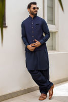 Navy Blue Embroidered Suiting Waistcoat Kurta (3-Piece) - Image 2