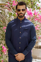Navy Blue Embroidered Suiting Waistcoat Kurta (3-Piece) - Image 3