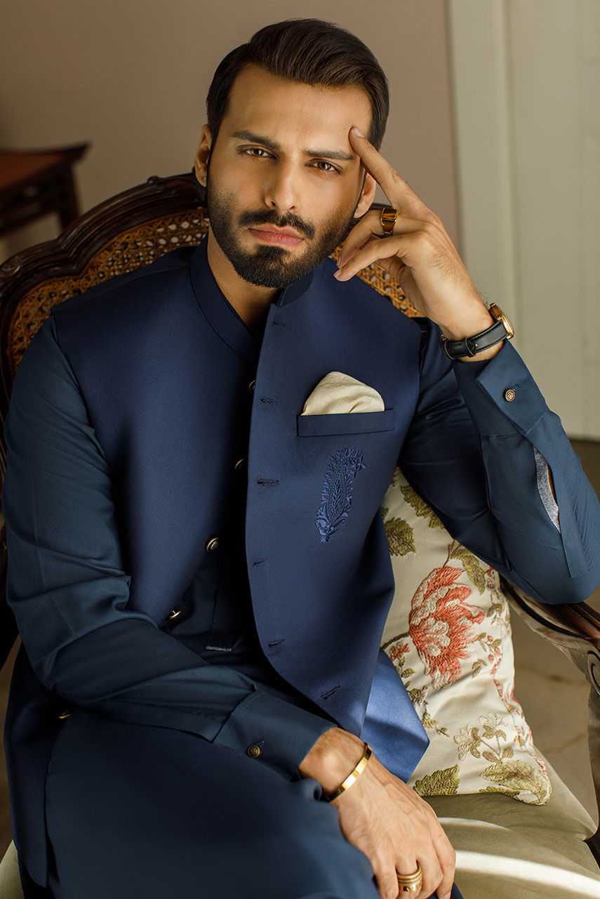 Navy Blue Embroidered Suiting Waistcoat (2-Piece) - Image 1