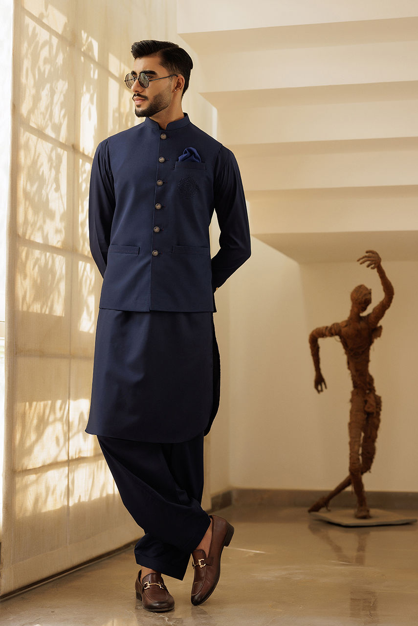 Navy Blue Embroidered Suiting Waistcoat Kurta (3-Piece) - Image 1