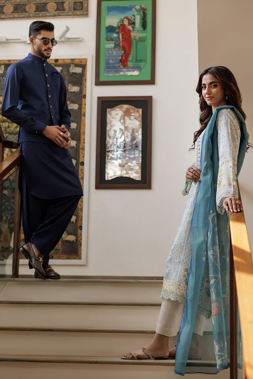 Navy Blue Embroidered Suiting Waistcoat Kurta (3-Piece) - Image 5