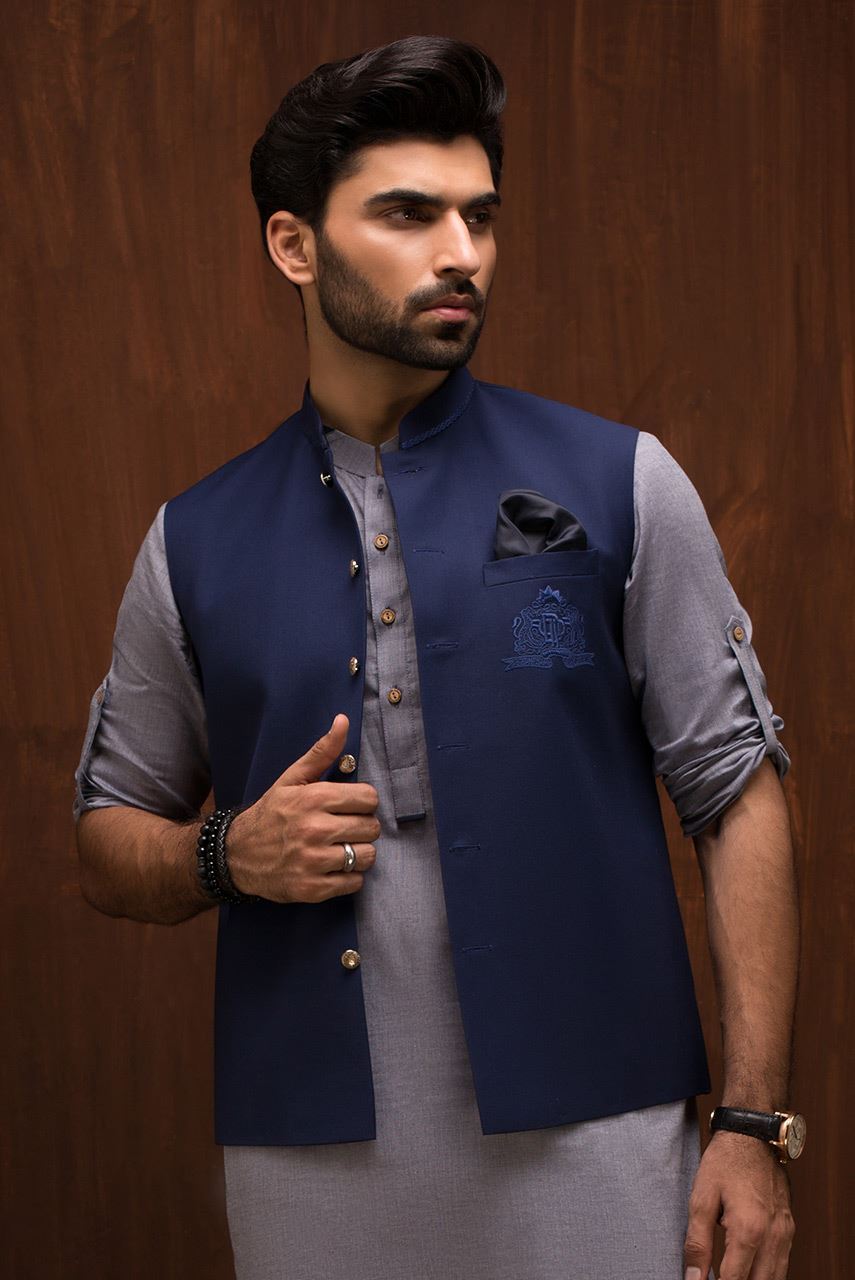 Navy Blue Embroidered Suiting Fabric Waistcoat (1-Pc) - Image 1