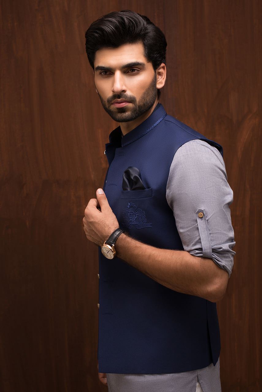 Navy Blue Embroidered Suiting Fabric Waistcoat (1-Pc) - Image 2