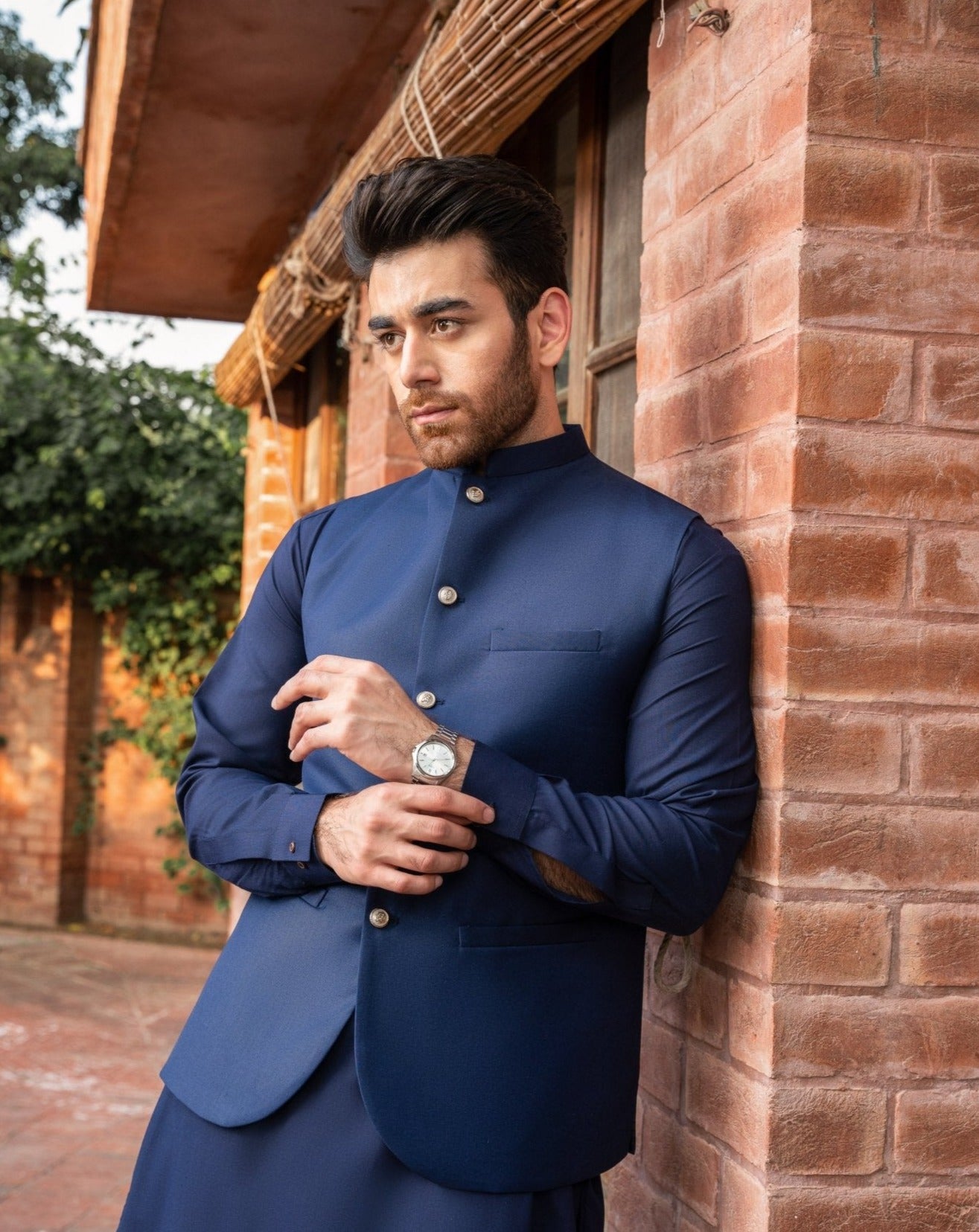 Navy Blue Suiting Waistcoat Kurta Set (3-Piece) - Image 1