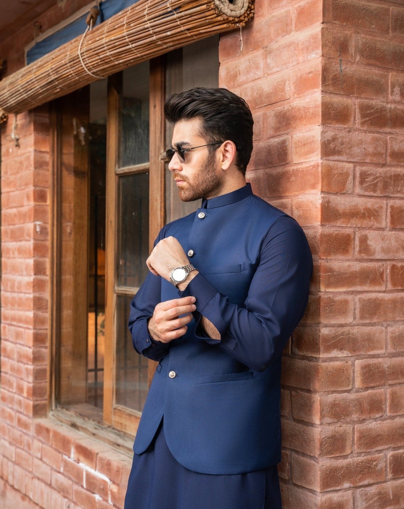Navy Blue Suiting Waistcoat Kurta Set (3-Piece) - Image 2