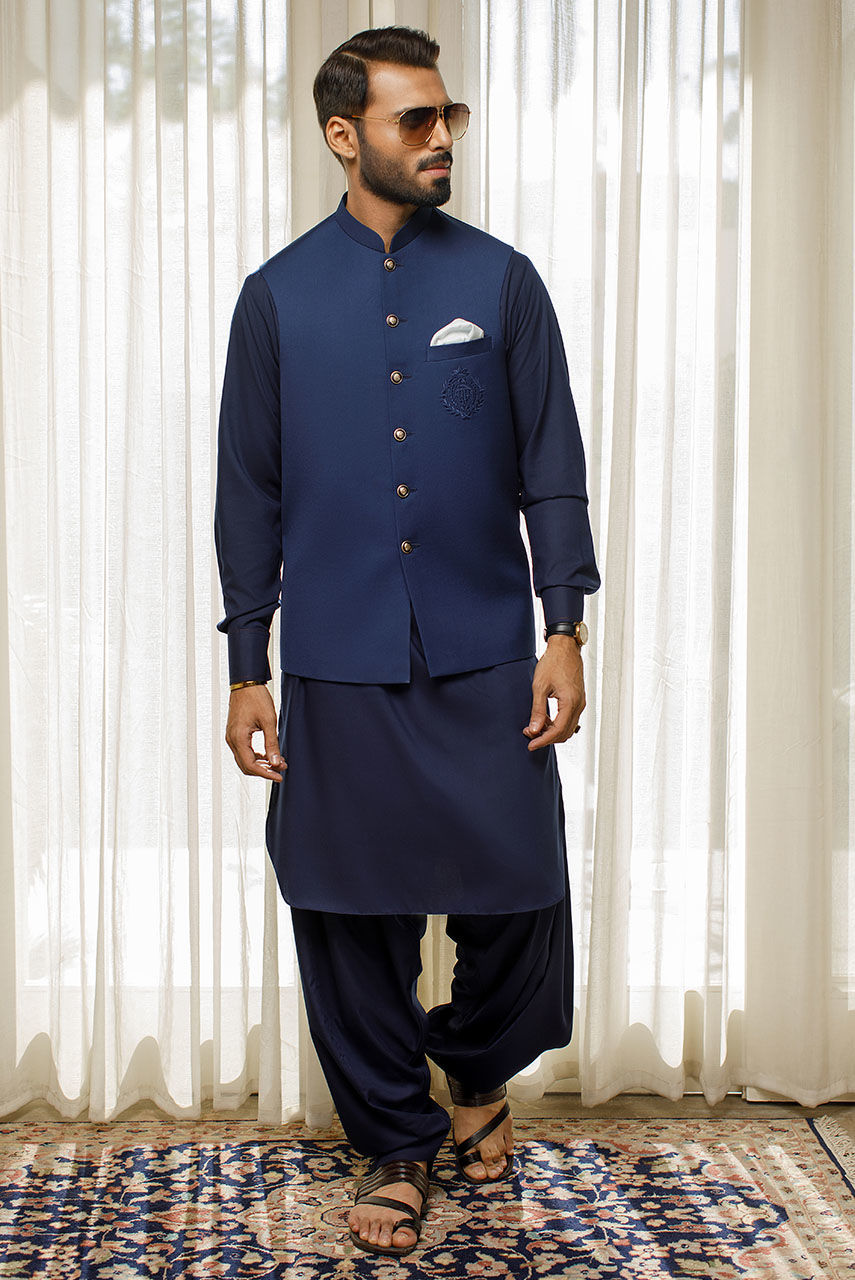 Navy Blue Embroidered Suiting Waistcoat Kurta (3-Piece) - Image 1