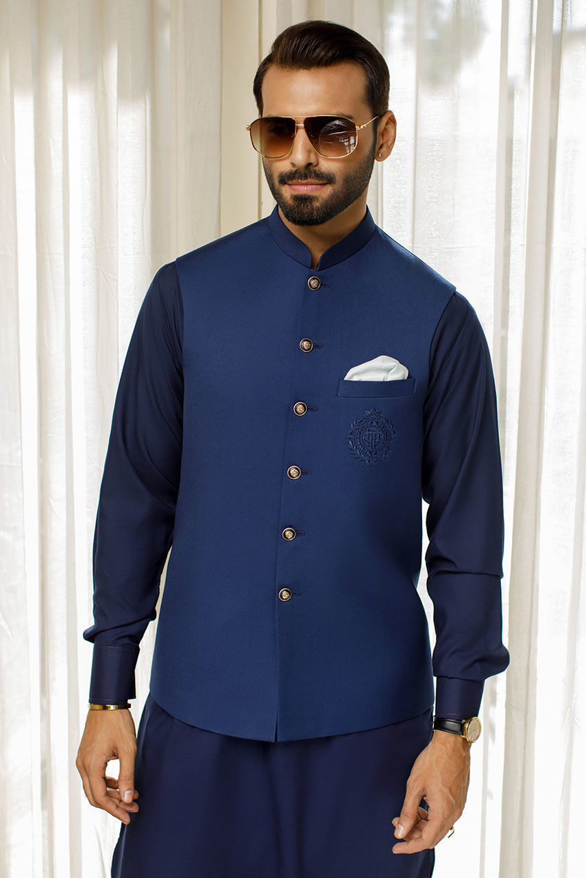 Navy Blue Embroidered Suiting Waistcoat Kurta (3-Piece) - Image 2