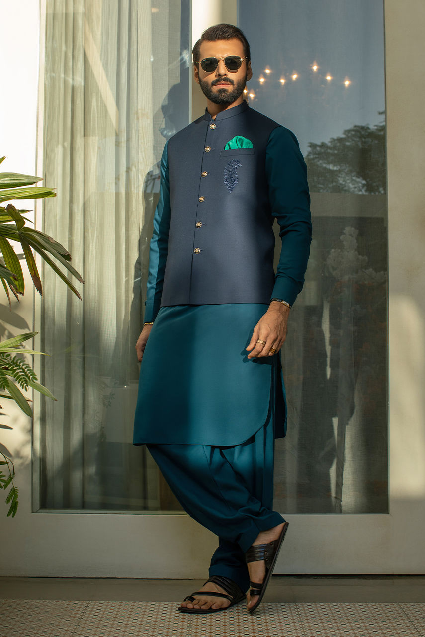 Navy Blue Embroidered Suiting Waistcoat Kurta (3-Piece) - Image 1