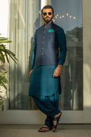 Navy Blue Embroidered Suiting Waistcoat Kurta (3-Piece) - Image 2