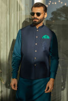 Navy Blue Embroidered Suiting Waistcoat Kurta (3-Piece) - Image 3