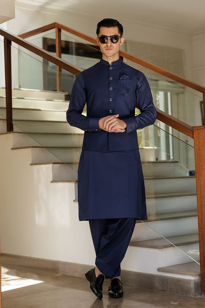 Navy Blue Thread Embroidered Suiting Waistcoat Kurta (3-Piece) - Image 1