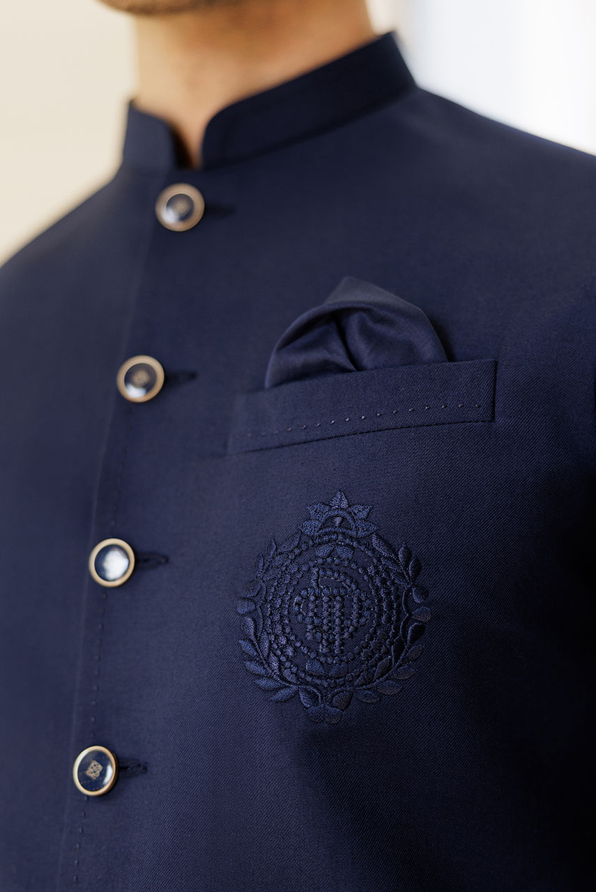 Navy Blue Thread Embroidered Suiting Waistcoat Kurta (3-Piece) - Image 5